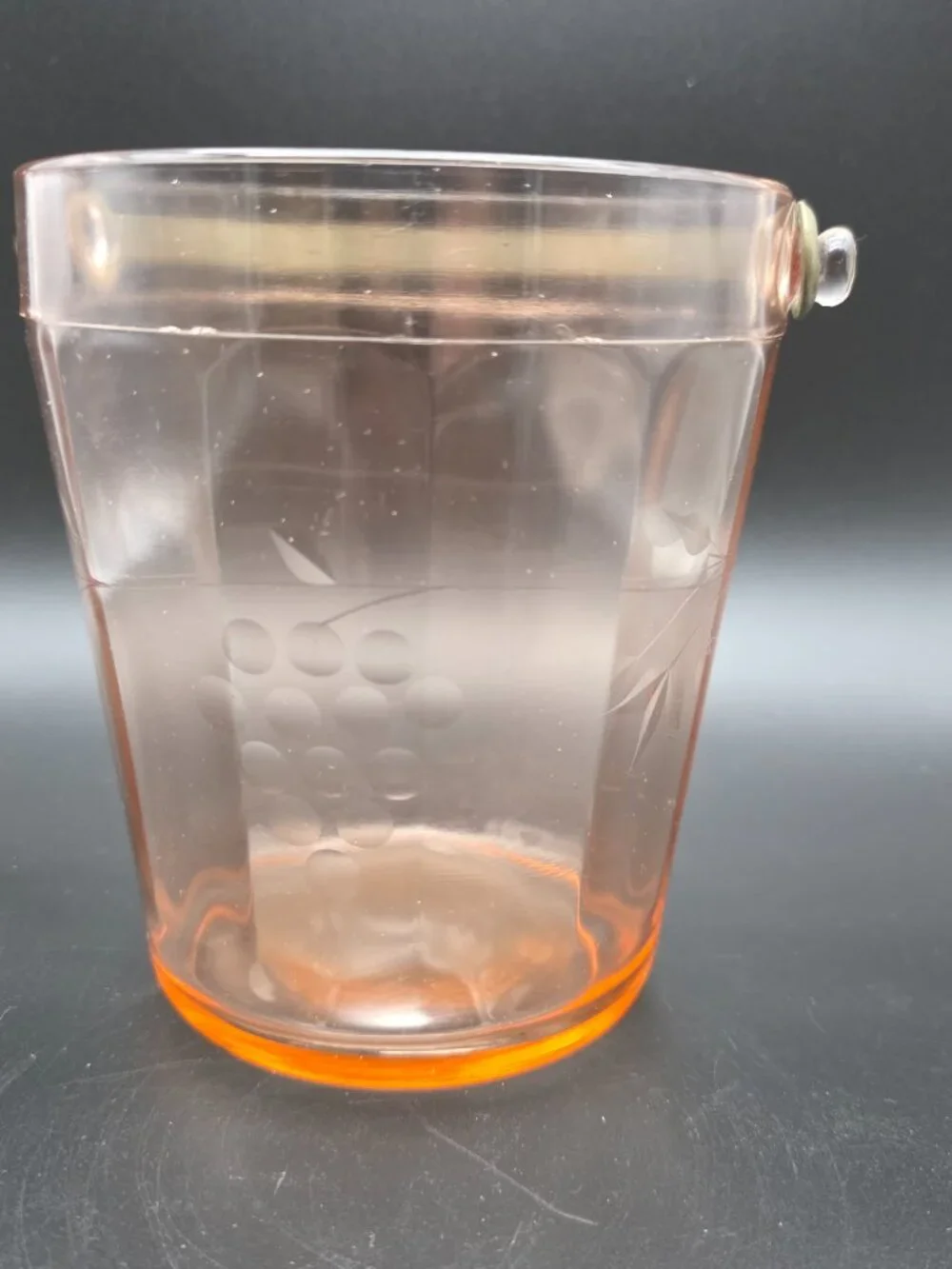 Pink Depression Glass Ice Bucket w/ Handle Etched Flower Dot Paneled Sides grape